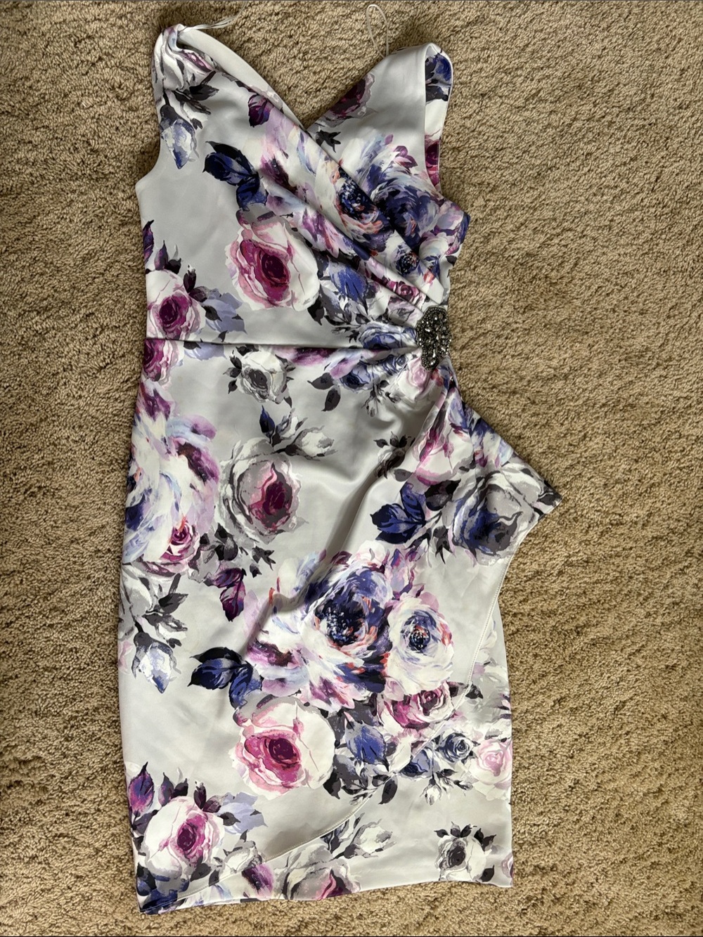 Alex Evenings White One-Shoulder Floral Sheath Dress with Purple & Pink Accents